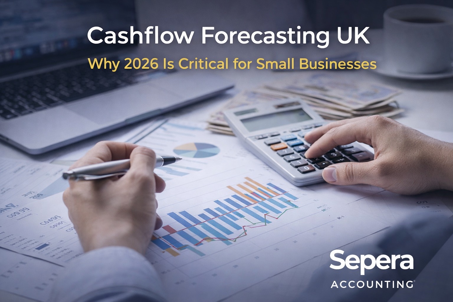 Cashflow Forecasting UK concept showing business owner reviewing financial reports and calculator with Sepera Accounting logo.