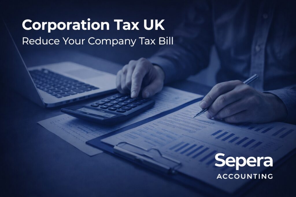 Corporation Tax UK planning concept showing business owner reviewing financial reports with calculator and Sepera Accounting logo