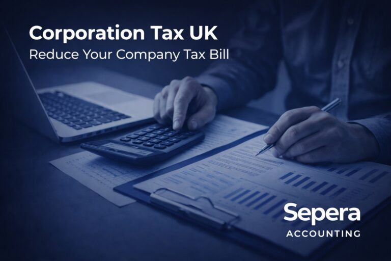 News 7 Corporation Tax UK planning concept showing business owner reviewing financial reports with calculator and Sepera Accounting logo