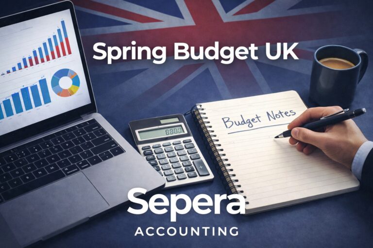 News 5 Spring Budget UK concept showing financial reports, calculator and budget planning notes on a desk with Sepera Accounting logo.