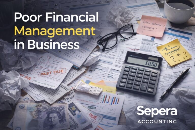 News 2 poor financial management in business concept showing messy desk with invoices, calculator, receipts and financial documents with Sepera Accounting branding