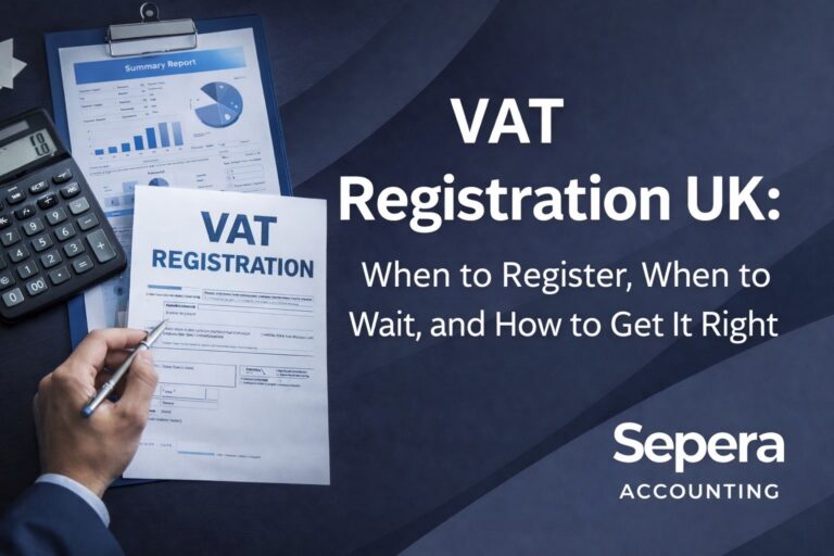 News 6 VAT registration UK concept image showing VAT form, calculator and financial reports on desk with Sepera Accounting logo on dark blue background.