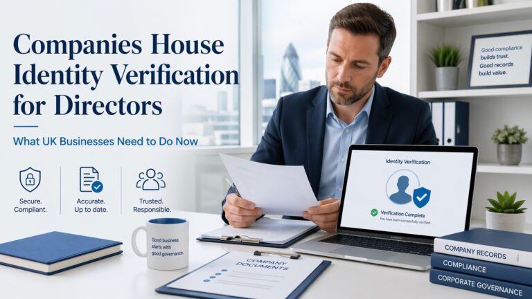 Business owner reviewing Companies House identity verification for directors requirements at a desk in a modern UK office