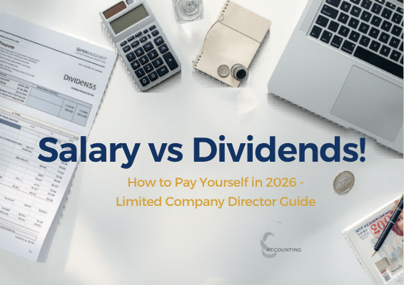 Salary vs dividends UK – limited company director reviewing payslip and dividend voucher with calculator and laptop at Sepera Accounting