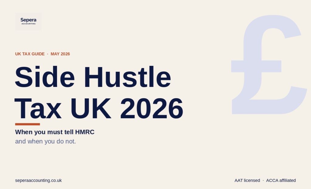Side hustle tax UK 2026 featured image with Sepera Accounting logo, headline asking when you must tell HMRC, AAT licensed and ACCA affiliated credentials