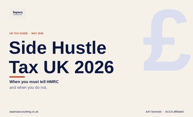 Side hustle tax UK 2026 featured image with Sepera Accounting logo, headline asking when you must tell HMRC, AAT licensed and ACCA affiliated credentials