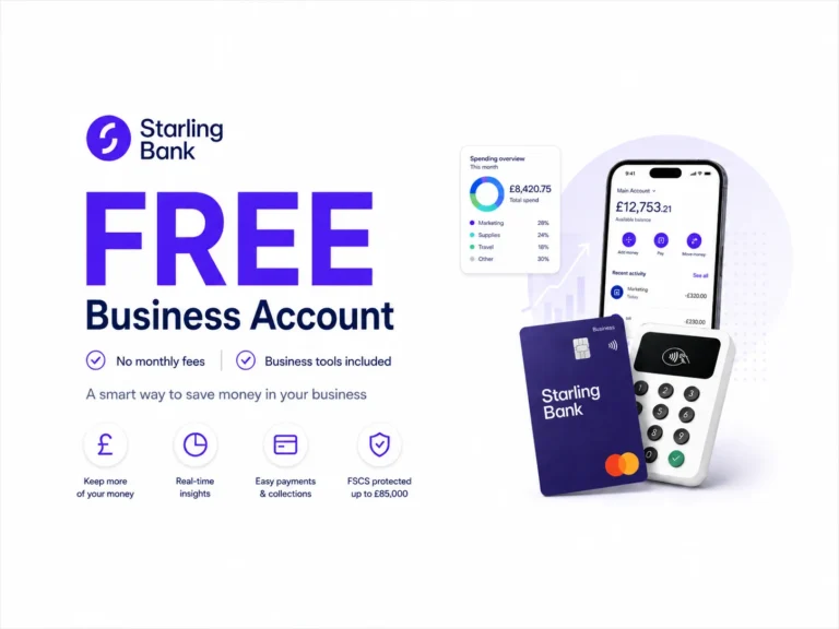 Business Savings 2 free business bank account UK, business banking no monthly fees, Starling business banking, sole trader account UK, free invoicing business account, UK business account, FSCS protected business account