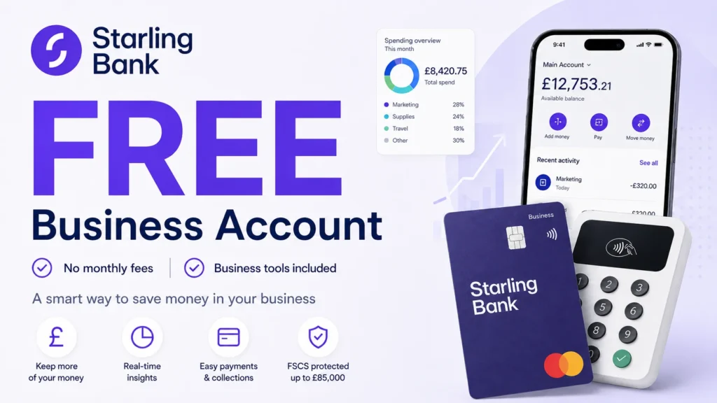 free business bank account UK, business banking no monthly fees, Starling business banking, sole trader account UK, free invoicing business account, UK business account, FSCS protected business account