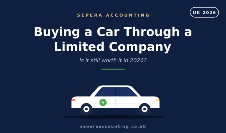 Buying a car through a limited company UK 2026 hero image showing electric car with green EV charging badge in Sepera Accounting navy branding