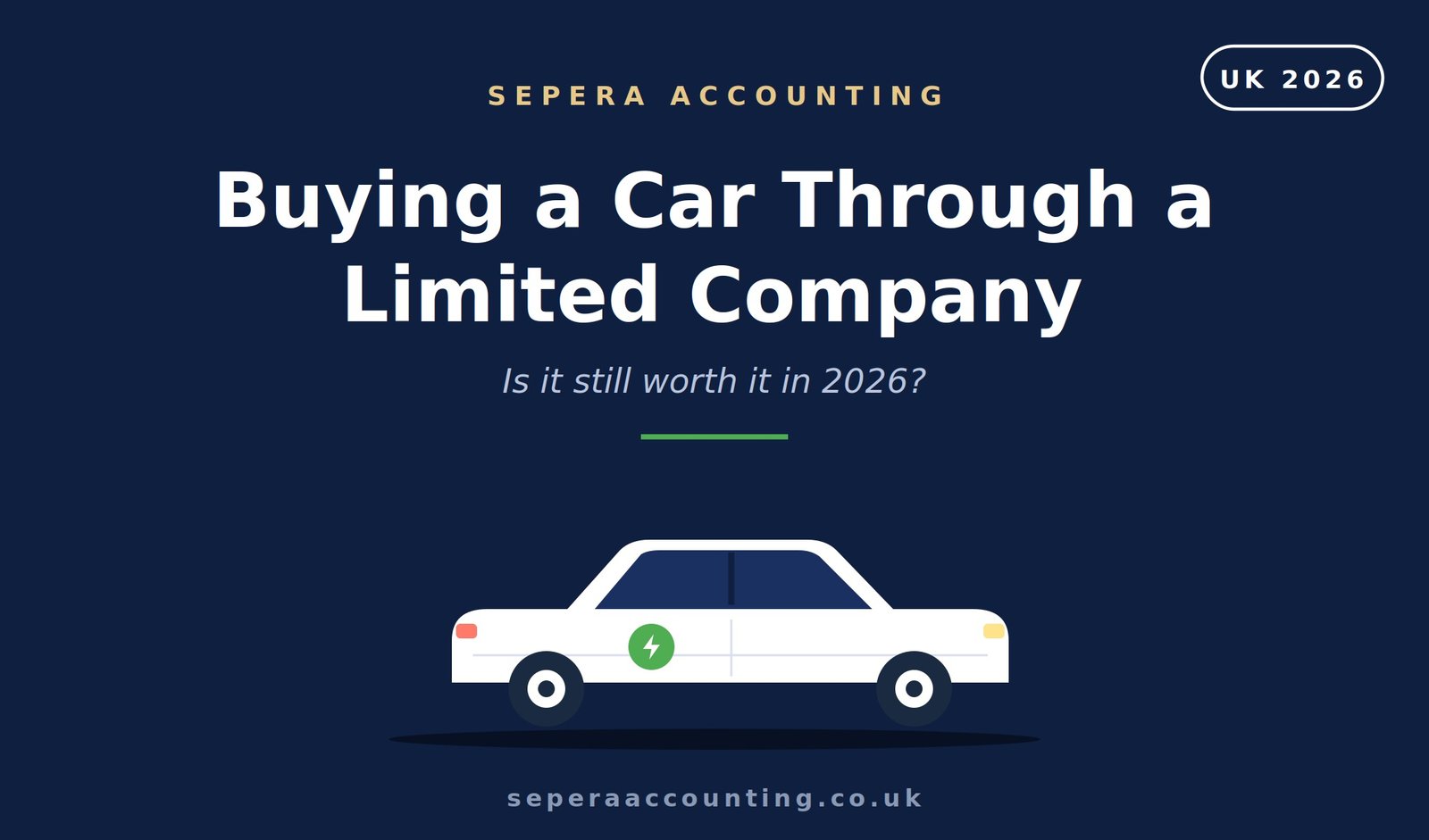 Buying a car through a limited company UK 2026 hero image showing electric car with green EV charging badge in Sepera Accounting navy branding