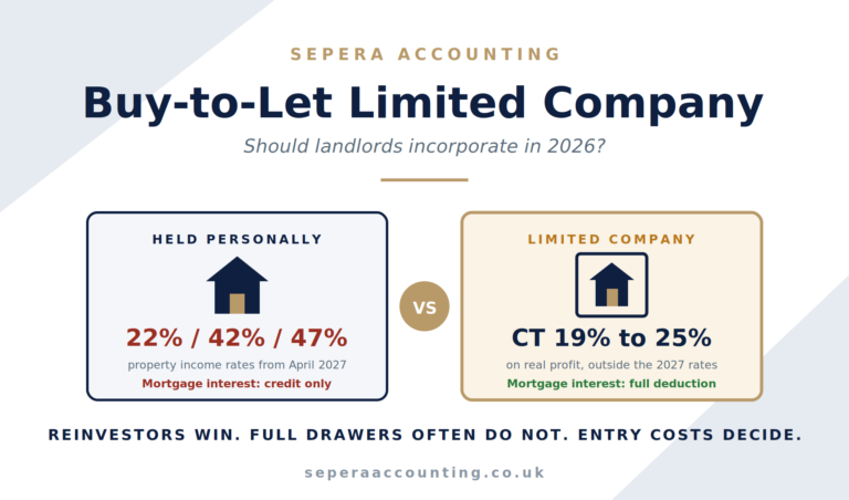 News 1 Buy-to-let limited company 2026 hero image comparing personal landlord tax at 42 percent from April 2027 with company structure deducting full mortgage interest at corporation tax rates in Sepera Accounting branding